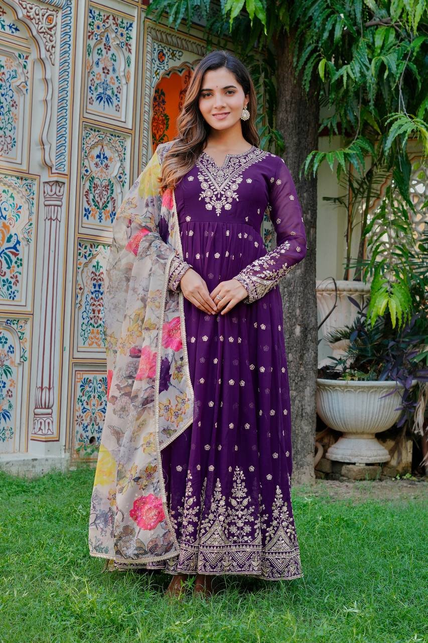 Georgette Anarkali Suit Set with Thread & Sequence Work