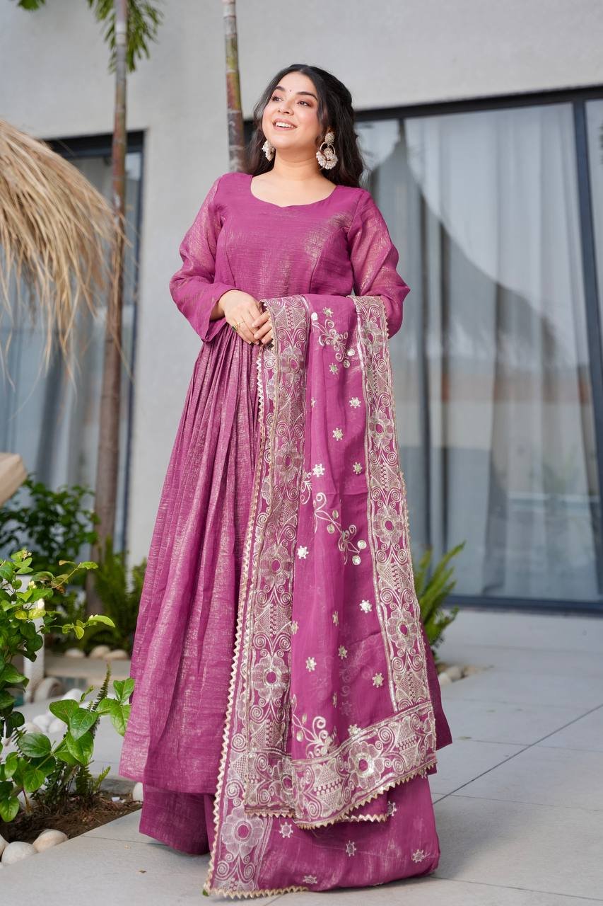 Violet & Brown Gold Crazy Embroidered Anarkali Sharara Set with Dupatta