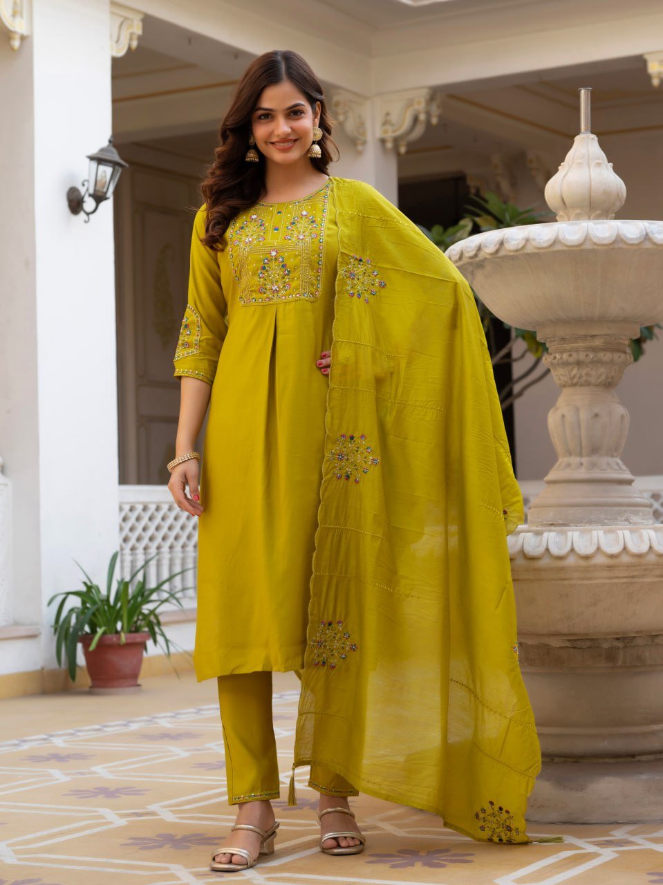 Viscose Mango Silk Kurti Pant Dupatta Set