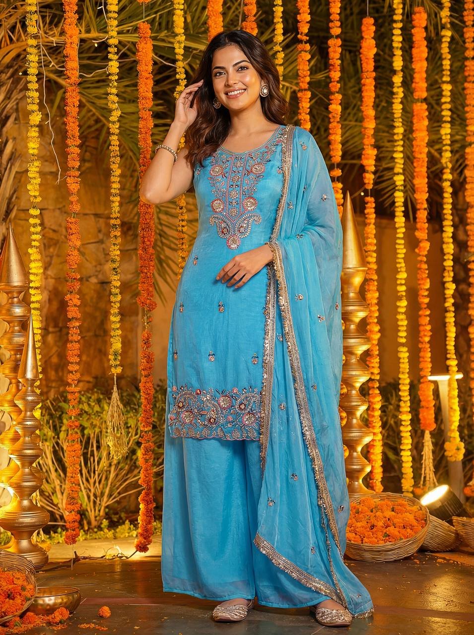 Sky Blue & Pink Fandy Silk Kurti Set with Beads & Sequence Embroidery