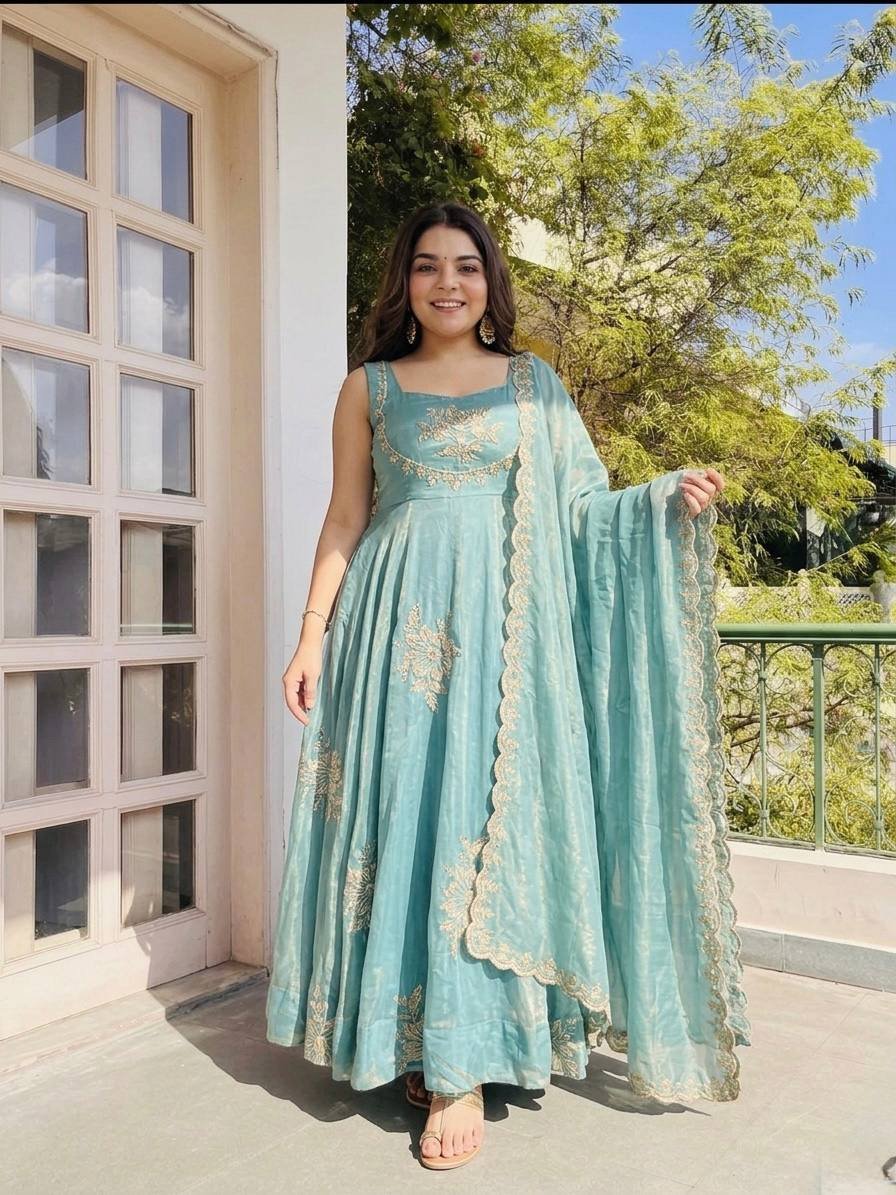 Fendy Silk Anarkali Sharara Set with Embroidery Sequence Work