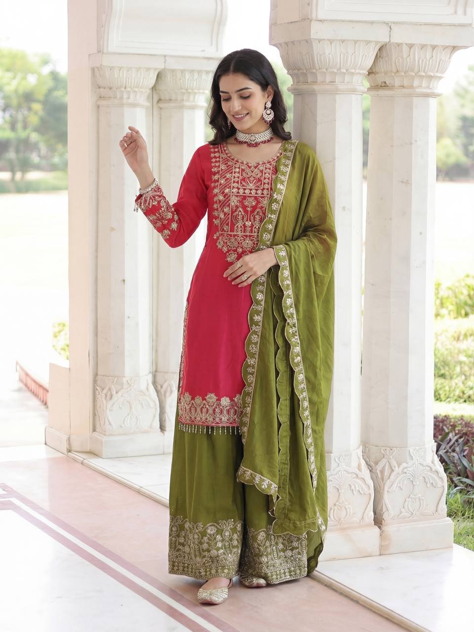Chinon Silk Kurti Set with Embroidery Cording & Sequence Work