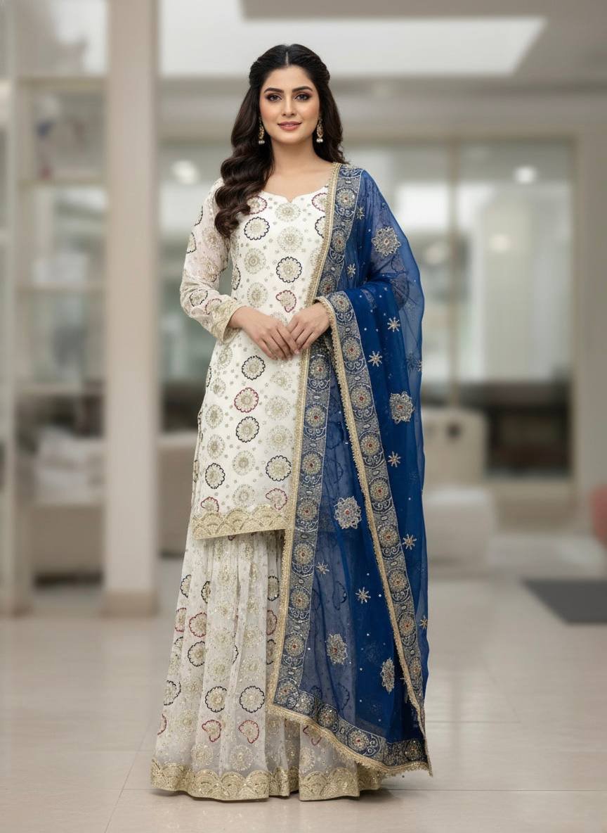 White Heavy Faux Georgette Sharara Palazzo Set with 5mm Sequin Work