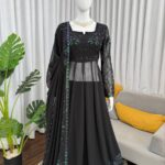 Black Faux Georgette Long Top Palazzo Set with Sequence Work