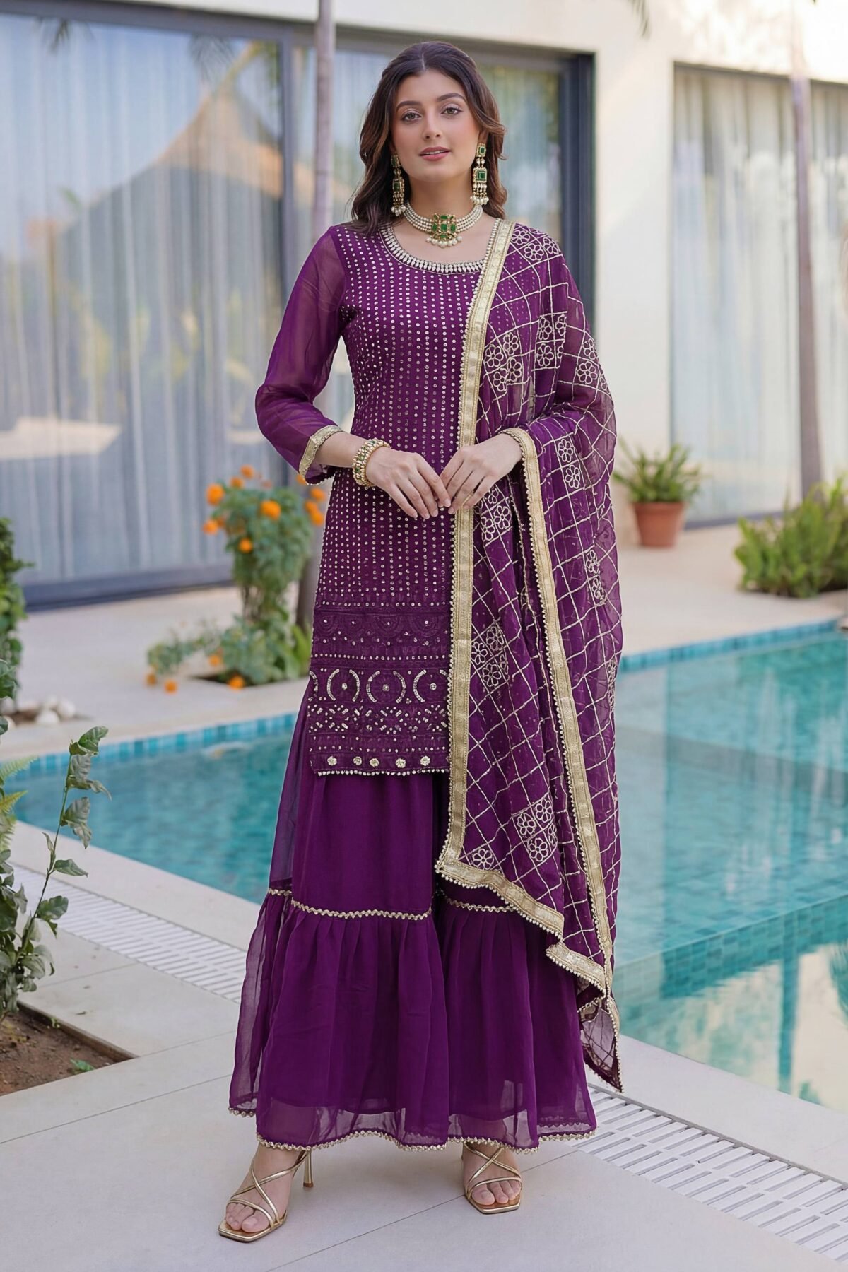 Faux Georgette Kurti Sharara Set with Zari Embroidery