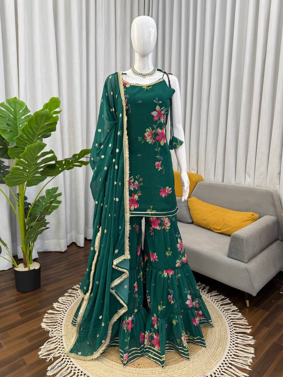 Green Faux Georgette Digital Print Top Sharara Dupatta Set