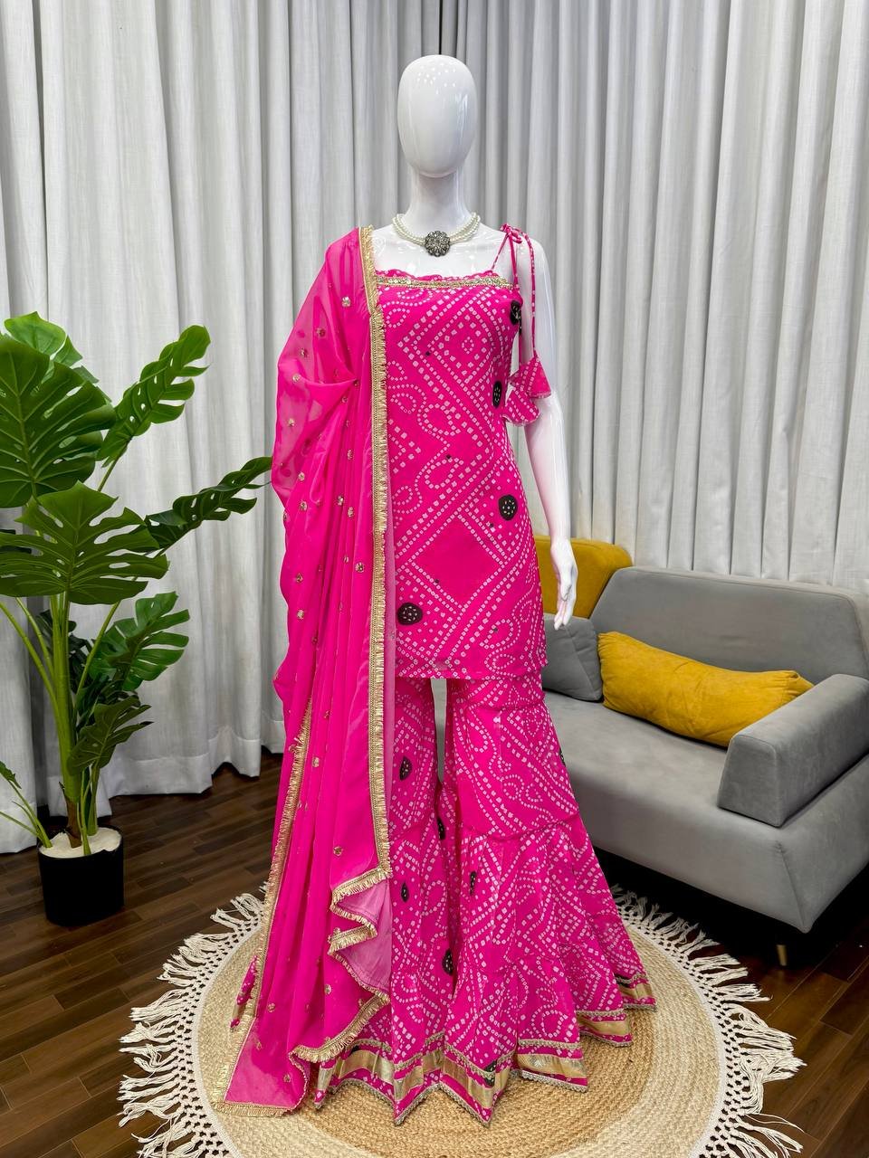 Pink Faux Georgette Sharara Suit with Digital Print & Mirror Work