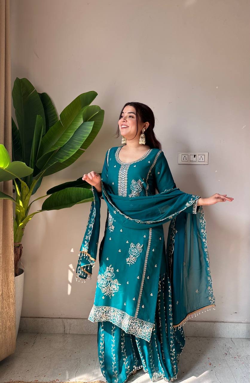 Teal & Red Faux Georgette Kurti Gharara Set with Sequence Work