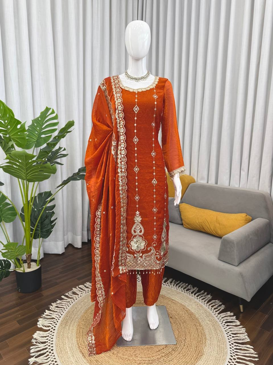 Orange Fendy Silk Pant Suit with Thread & Sequin Work