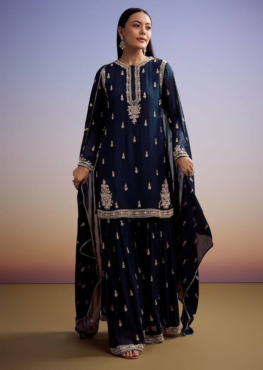 Blue JC Silk Embroidered Sharara Set with Dupatta