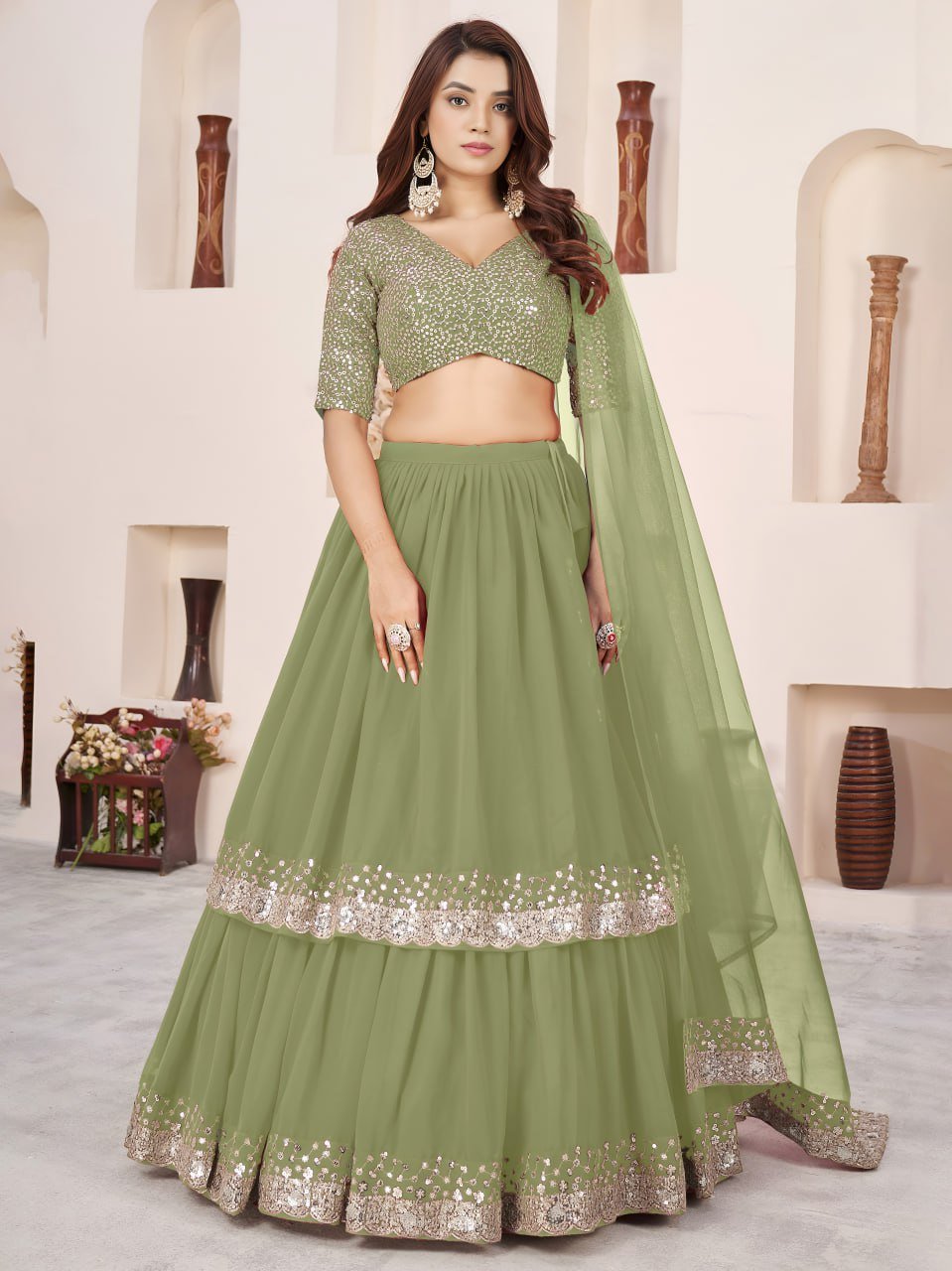 Olive Sequin Designer Lehenga Set ? Royal Party Glam