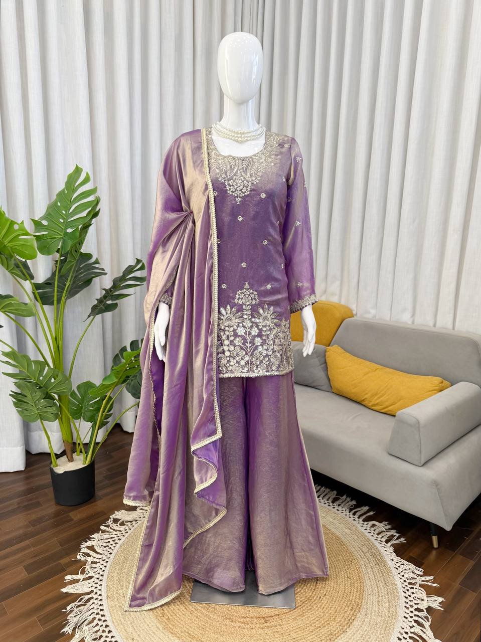 Purple & Sky Blue Fendy Silk Palazzo Set with Embroidery & Lace Dupatta