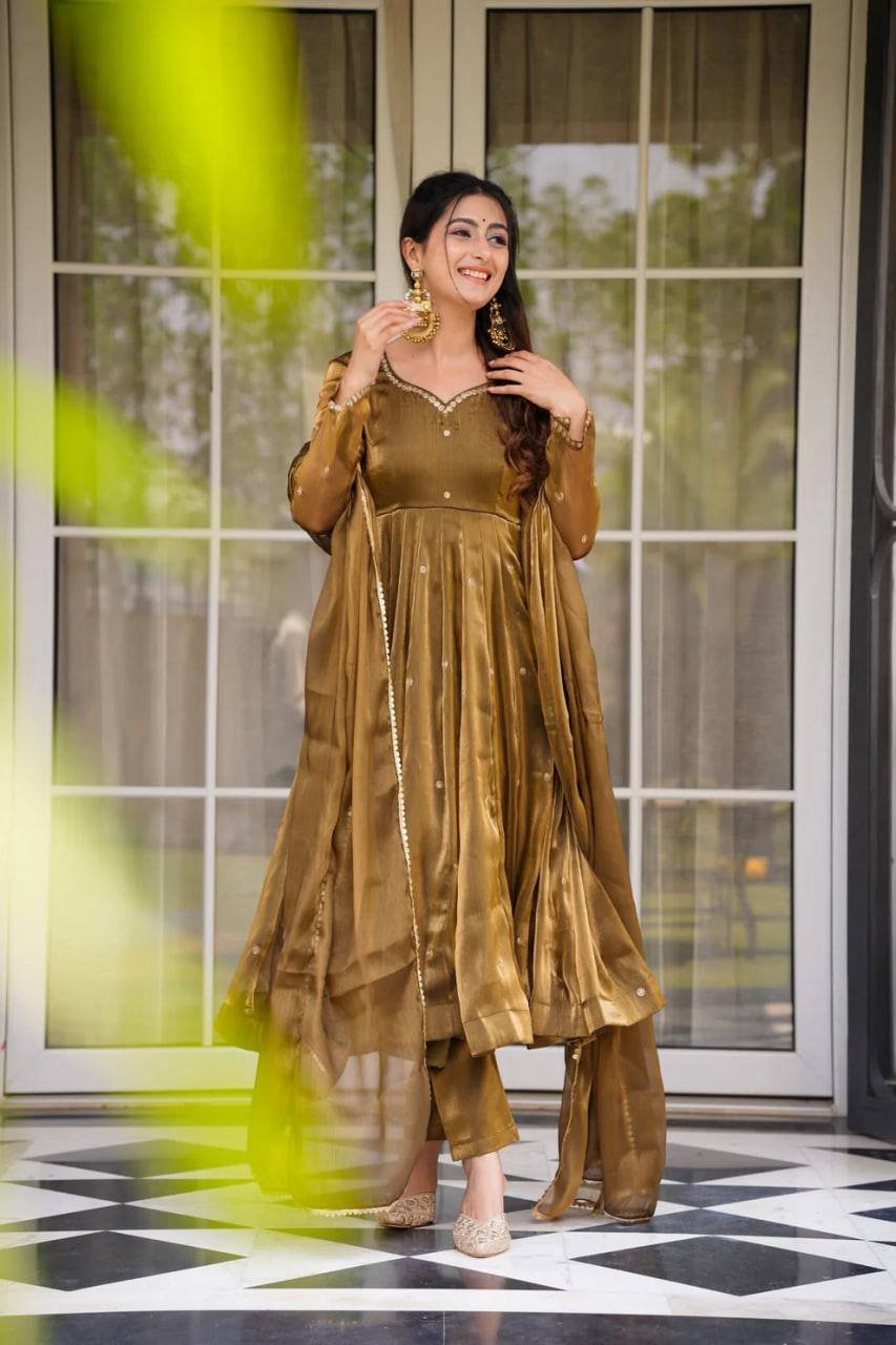 Brown Organza Silk Thread Work Anarkali Suit with Pant and Dupatta