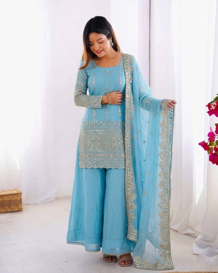 Pure Vichitra Silk Sharara Set with Heavy Embroidery Sequence Work