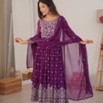 Purple Faux Georgette Anarkali Suit Set with Embroidery & Sequin Work