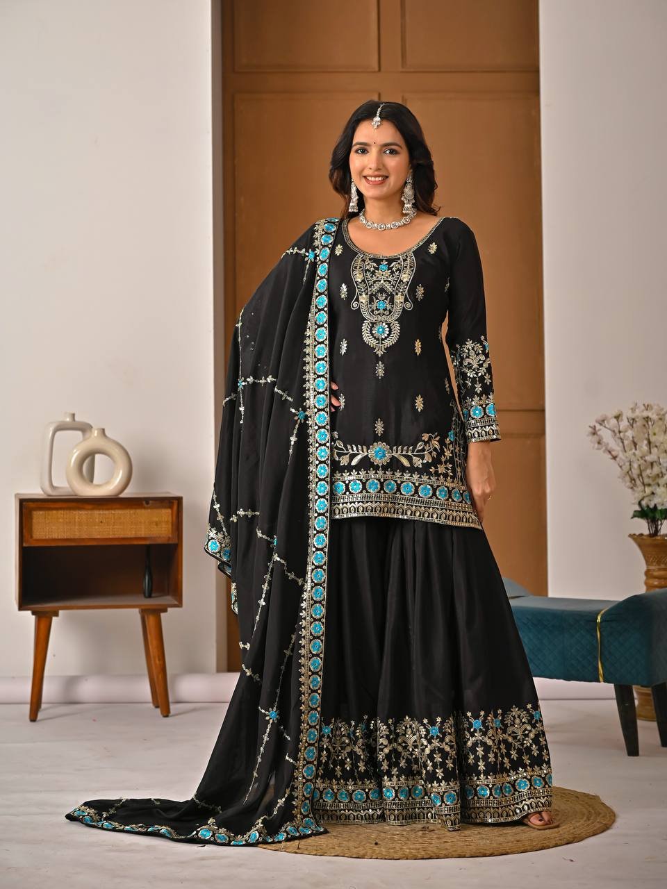 Black Vichitra Silk Sharara Palazzo Suit with Embroidery