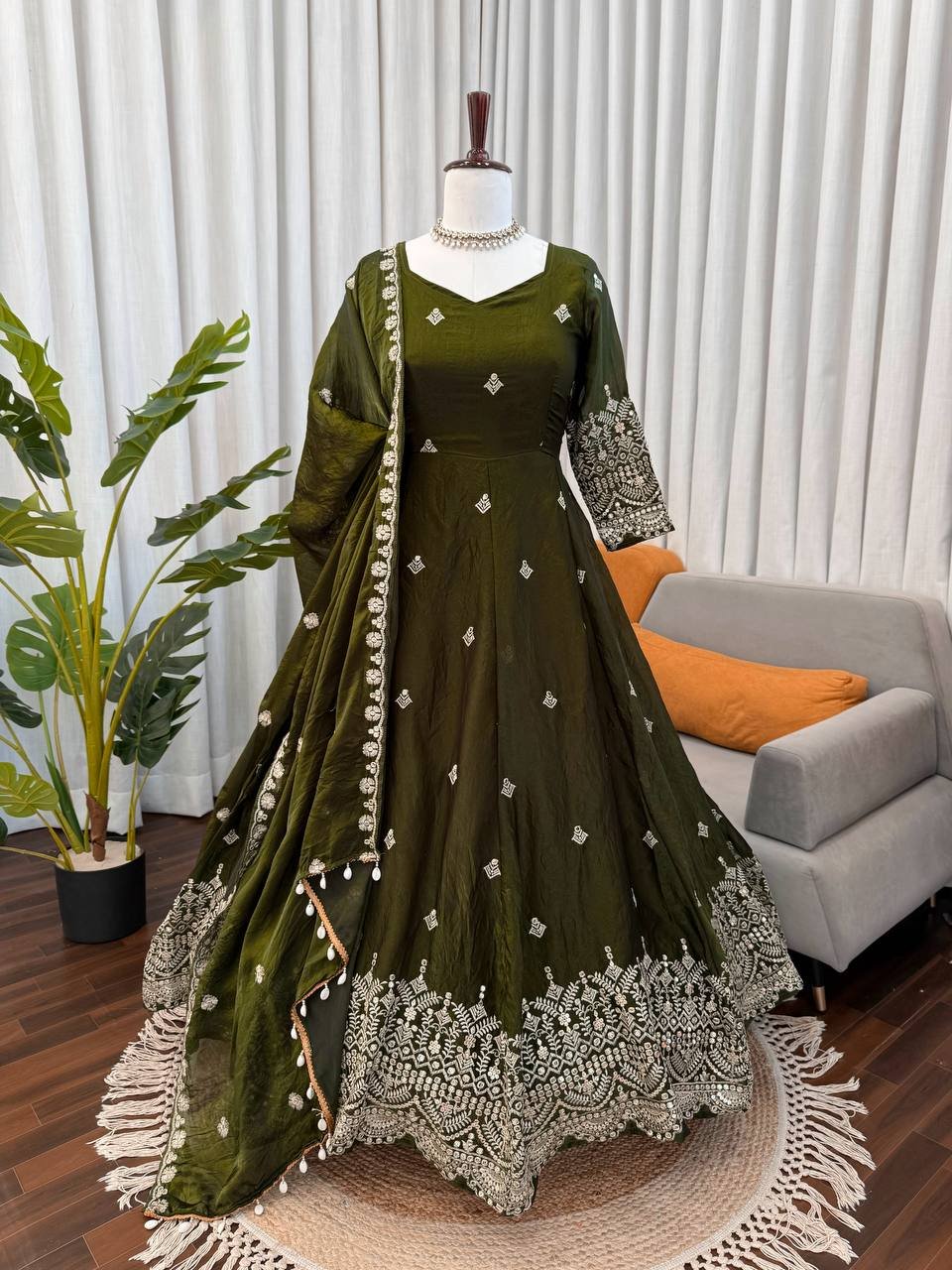 Mehendi Green & Maroon Heavy Fendy Silk Anarkali Pant Dupatta Set