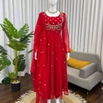 Red Faux Georgette Embroidered Kurti Pant Set with Dupatta