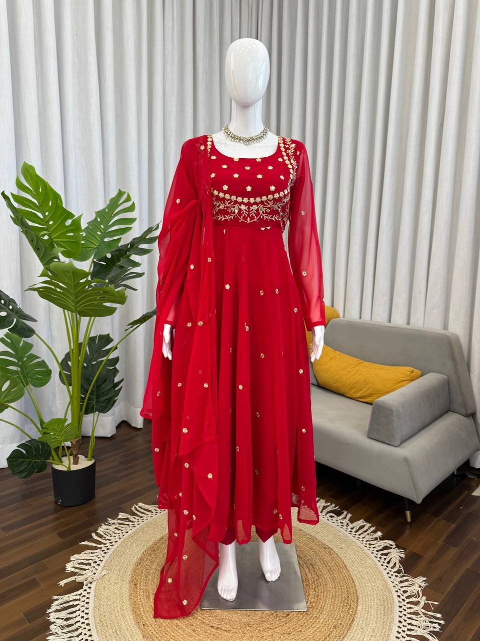 Red Faux Georgette Embroidered Kurti Pant Set with Dupatta