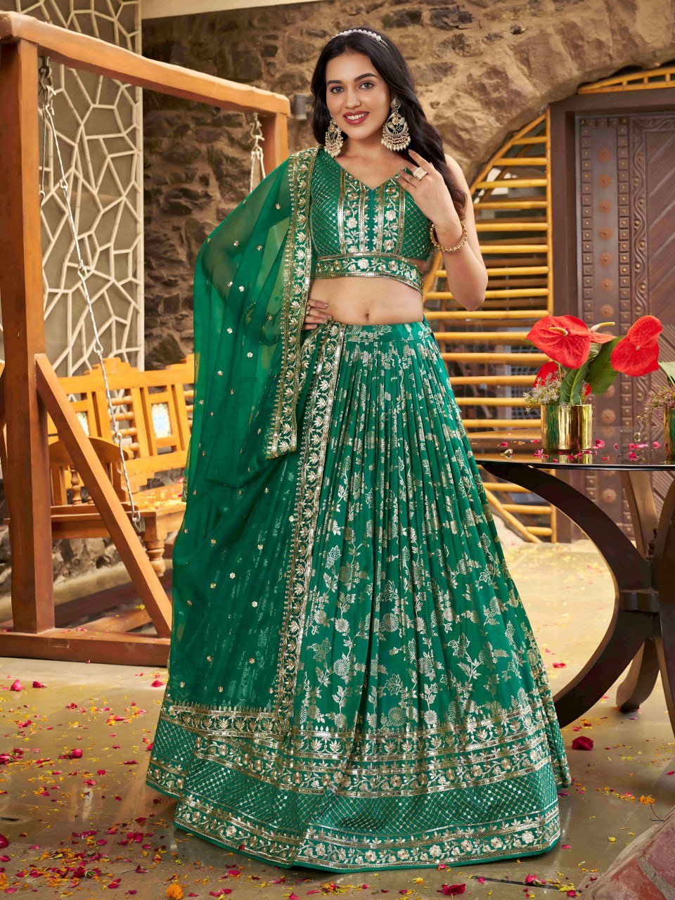 Luxurious Rama Green Lehenga Choli Set