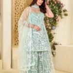 Halter Neck Butterfly Net Kurta & Plazzo Set with Dupatta