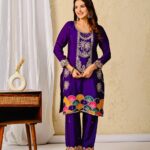 Purple Heavy Chinon Silk Top, Pant, and Dupatta Set