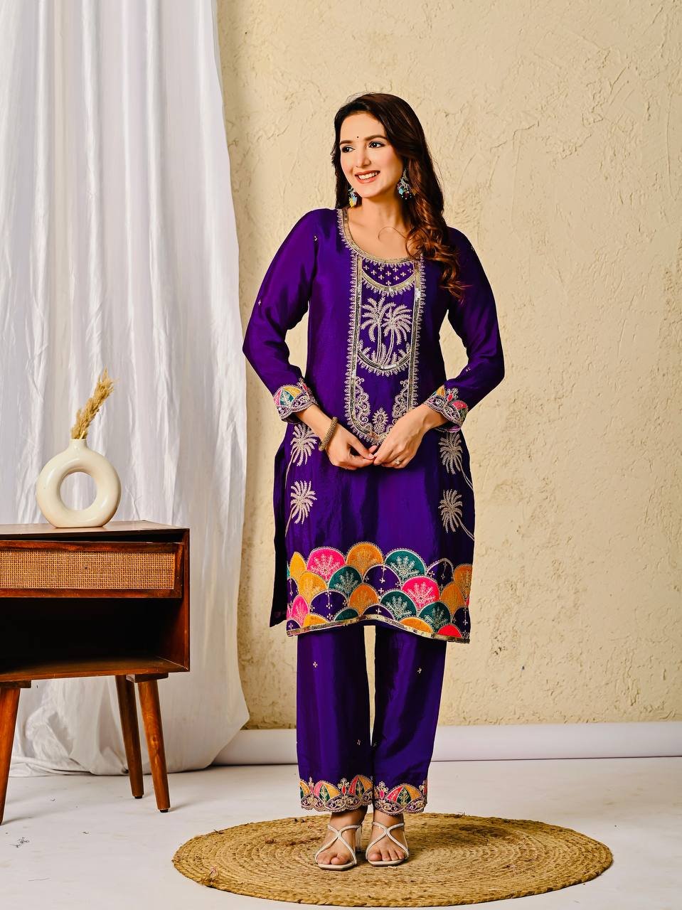 Purple Heavy Chinon Silk Top, Pant, and Dupatta Set