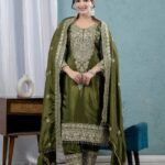 Green Pure Heavy Chinnon Silk Kurti Pant Dupatta Set with Embroidery