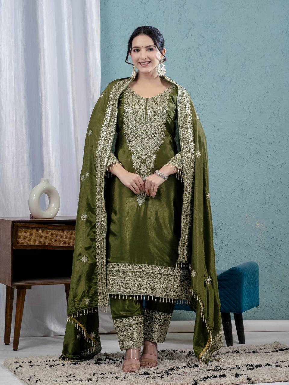 Green Pure Heavy Chinnon Silk Kurti Pant Dupatta Set with Embroidery