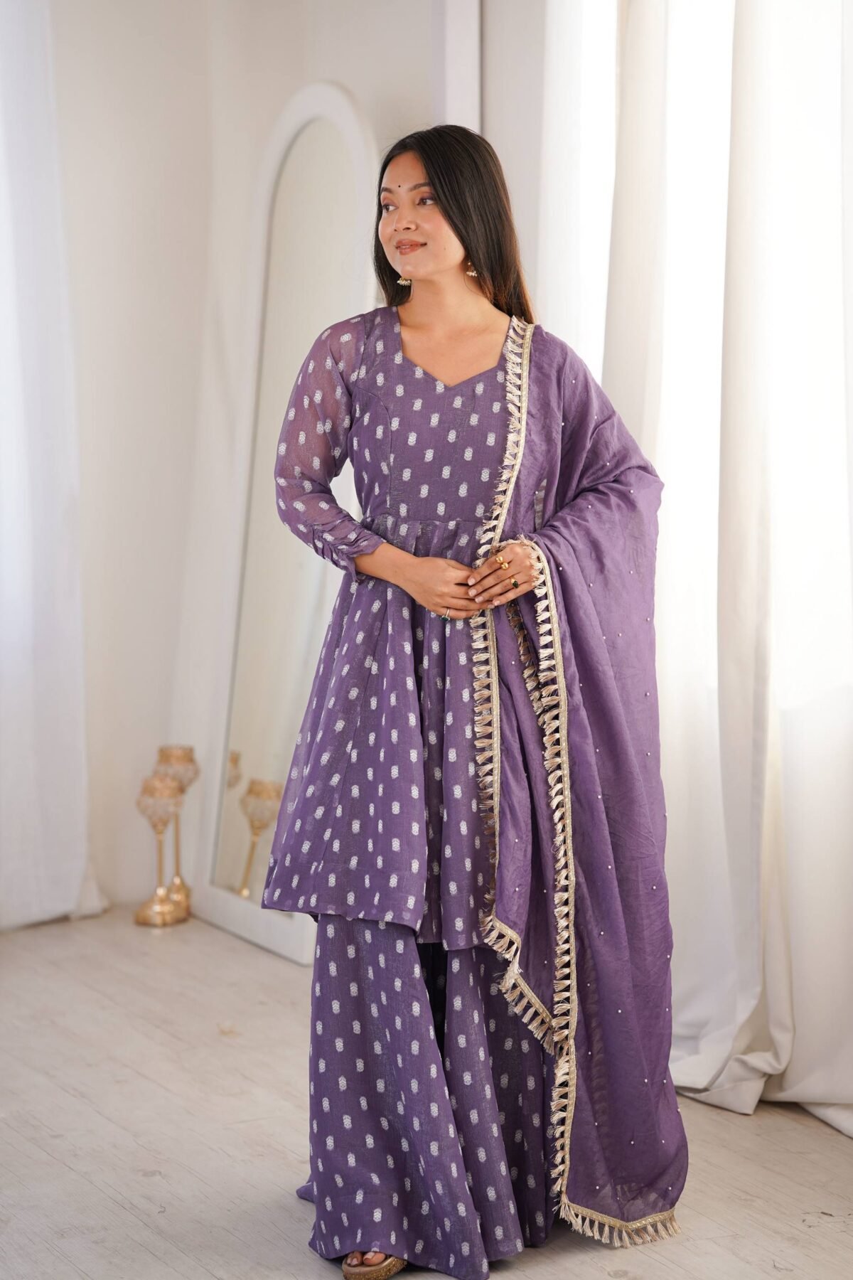 Heavy Crunchy Silk Top Sharara Set with Jacquard Butti Design