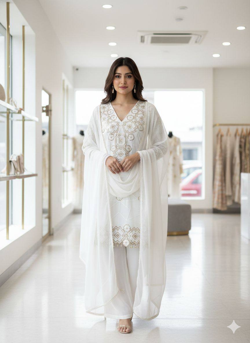 Georgette Kurti Palazzo Set with Lace Border Dupatta