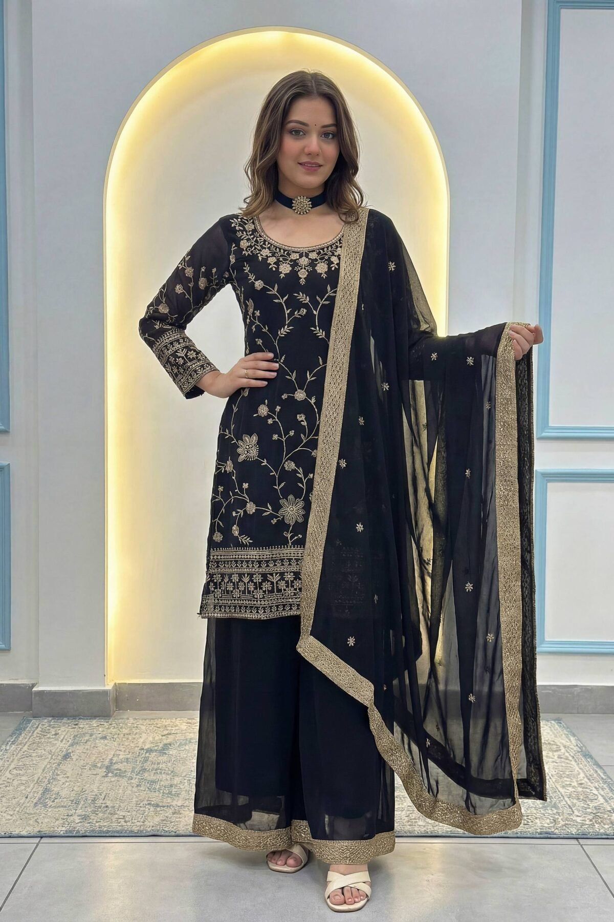 Black Faux Georgette Embroidered Kurti Palazzo Set with Dupatta