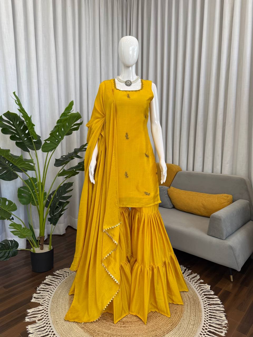 Yellow Chinon Silk Ruffle Sharara Suit Set with Lace Dupatta