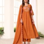Viscose Roman Silk Anarkali Kurti Pant Set with Chanderi Dupatta