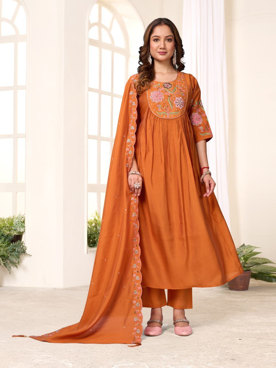 Viscose Roman Silk Anarkali Kurti Pant Set with Chanderi Dupatta