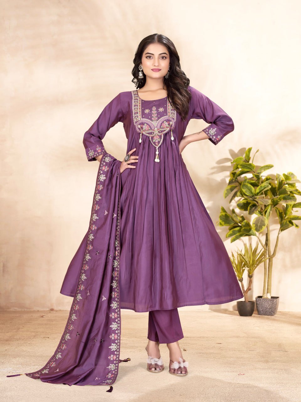 Roman Silk Embroidered Anarkali Kurti Set with Pant & Dupatta