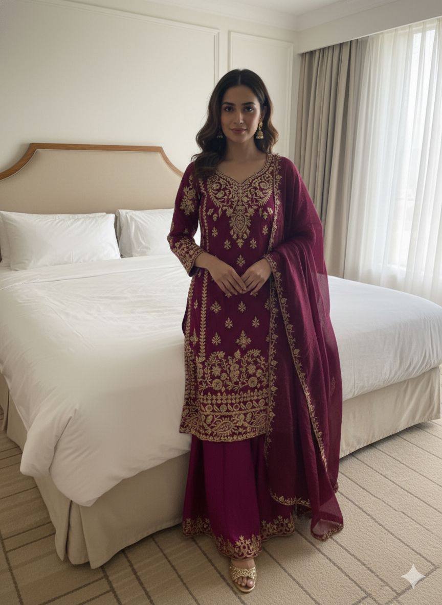 Fendy Embroidered Kurti Palazzo Set with Dupatta