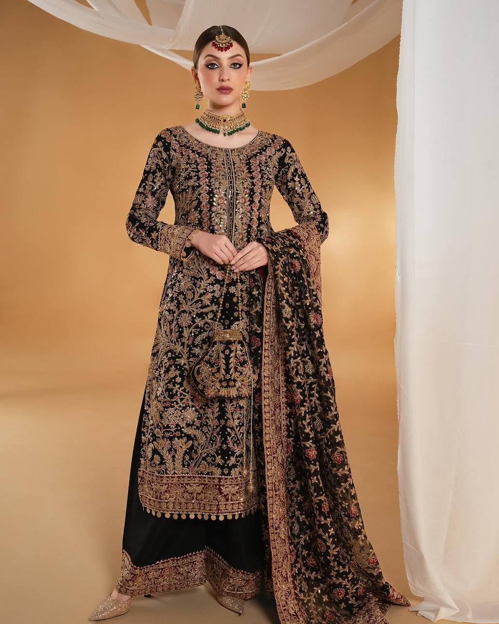 Black Long Top, Sharara Pent with Dupatta