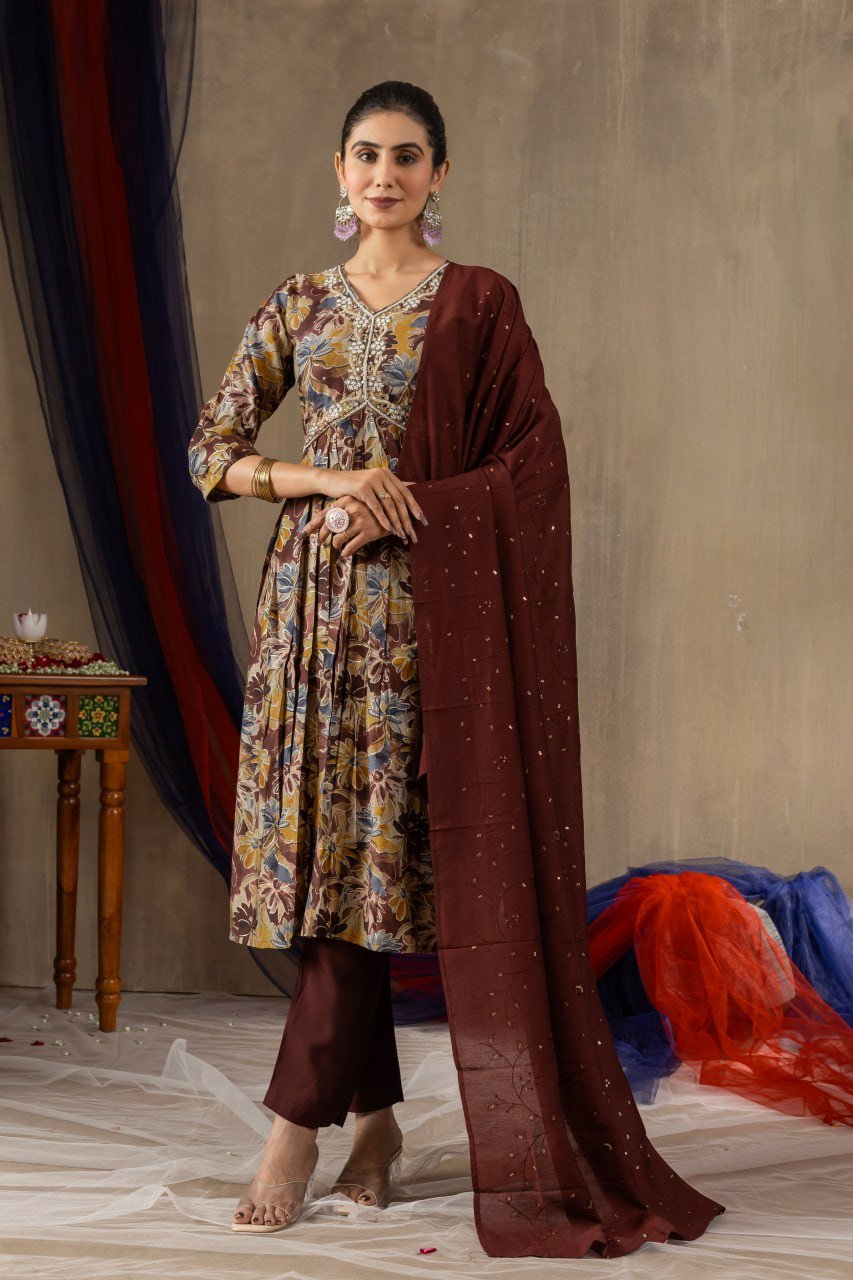 Modal Print Aliya Cut Kurti Pant Dupatta Set