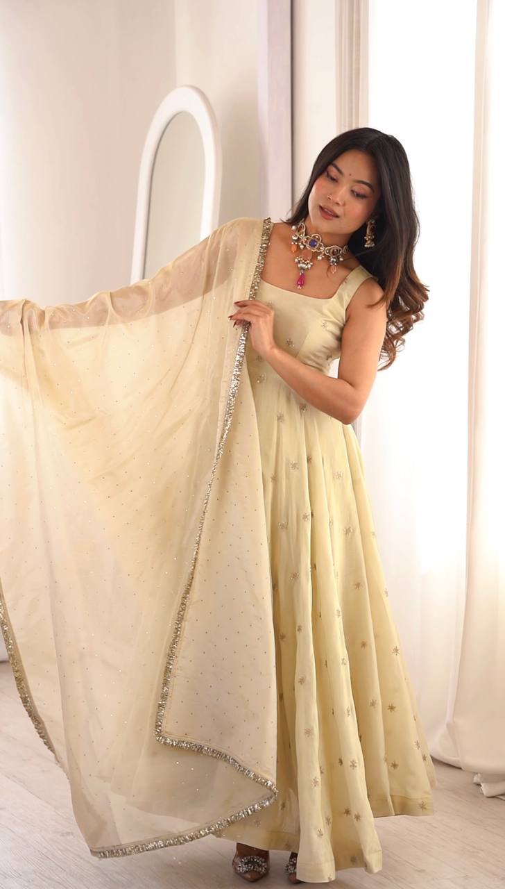 Beige Cosmos Gold Embroidered Anarkali Suit Set with Dupatta