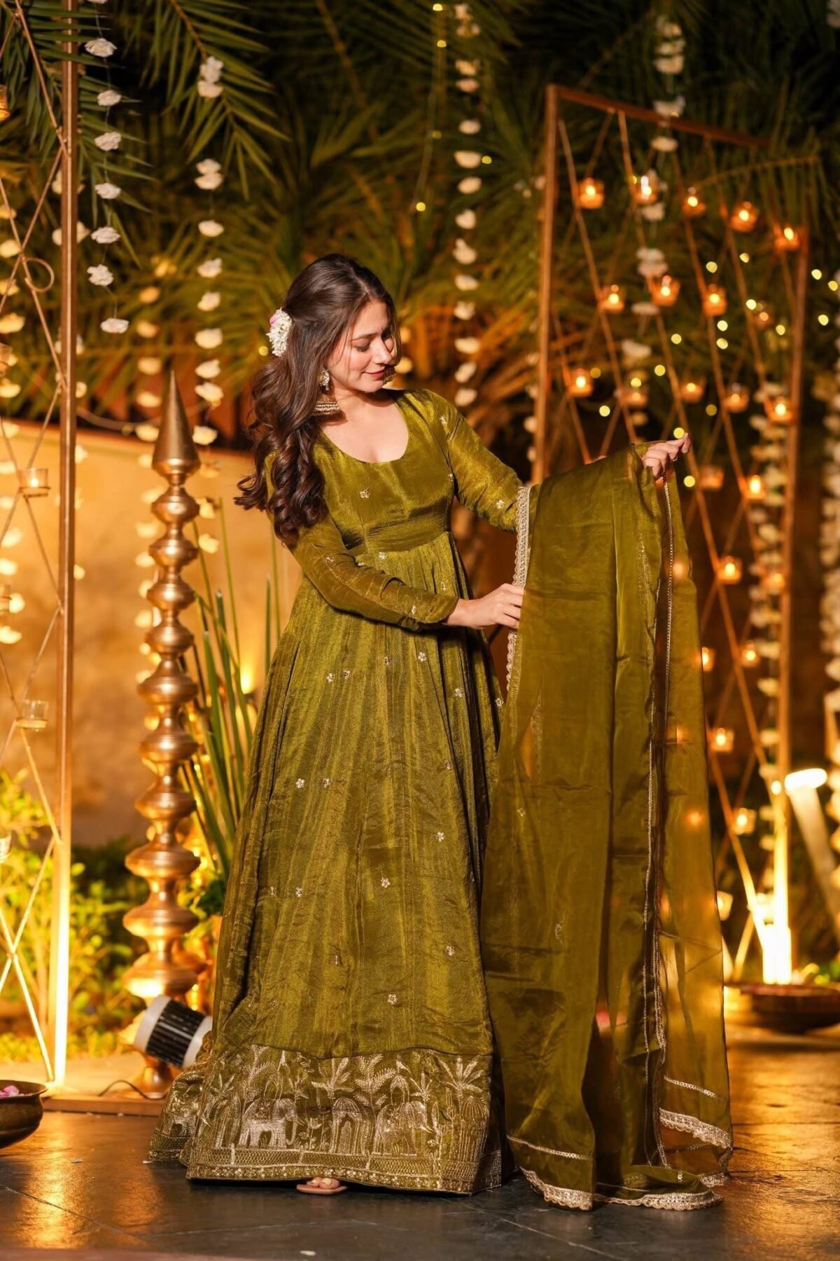 Mehndi Green Crunchy Silk Embroidered Anarkali Pant Set with Dupatta