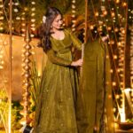 Mehndi Green Crunchy Silk Embroidered Anarkali Pant Set with Dupatta