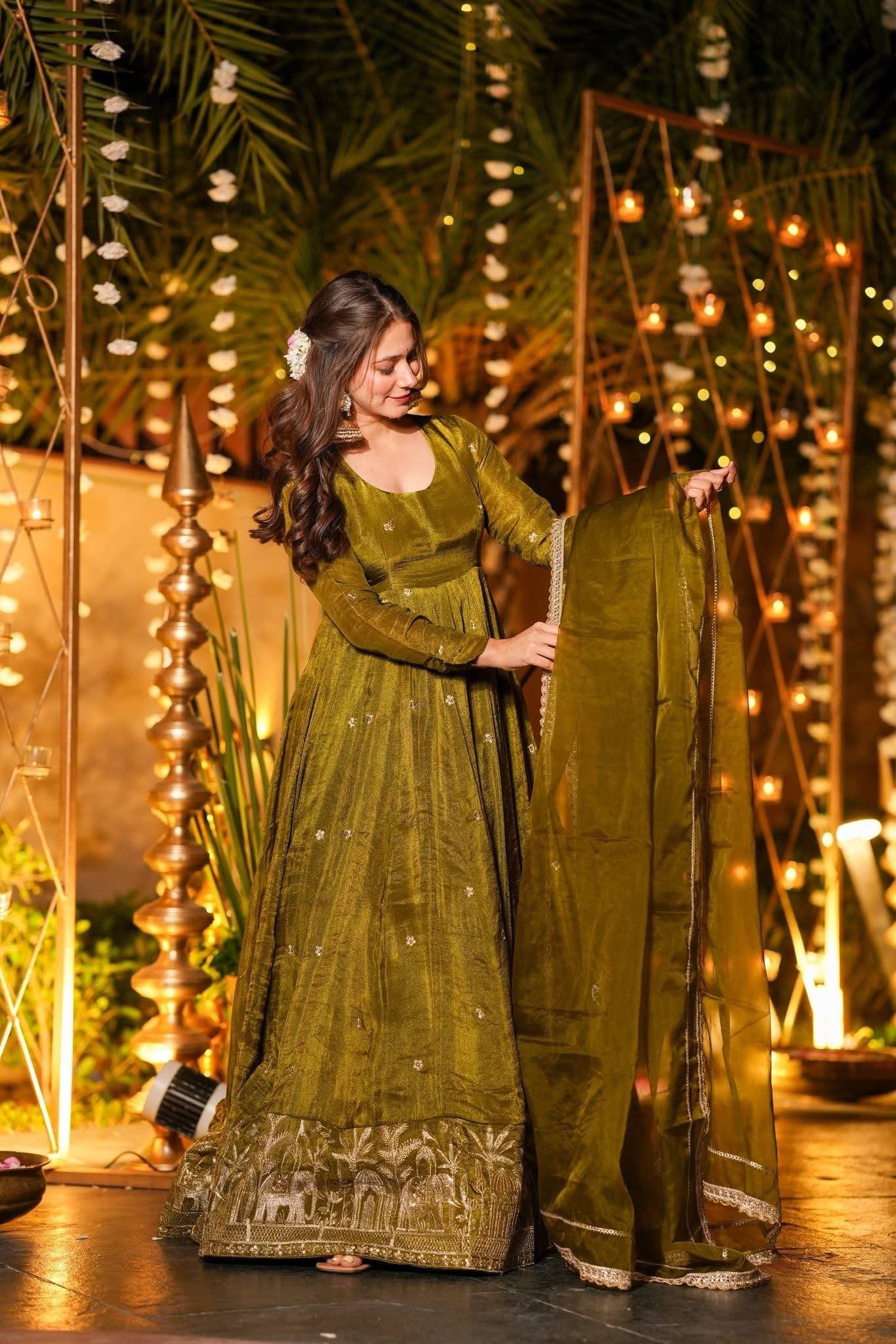 Mehndi Green Crunchy Silk Embroidered Anarkali Pant Set with Dupatta