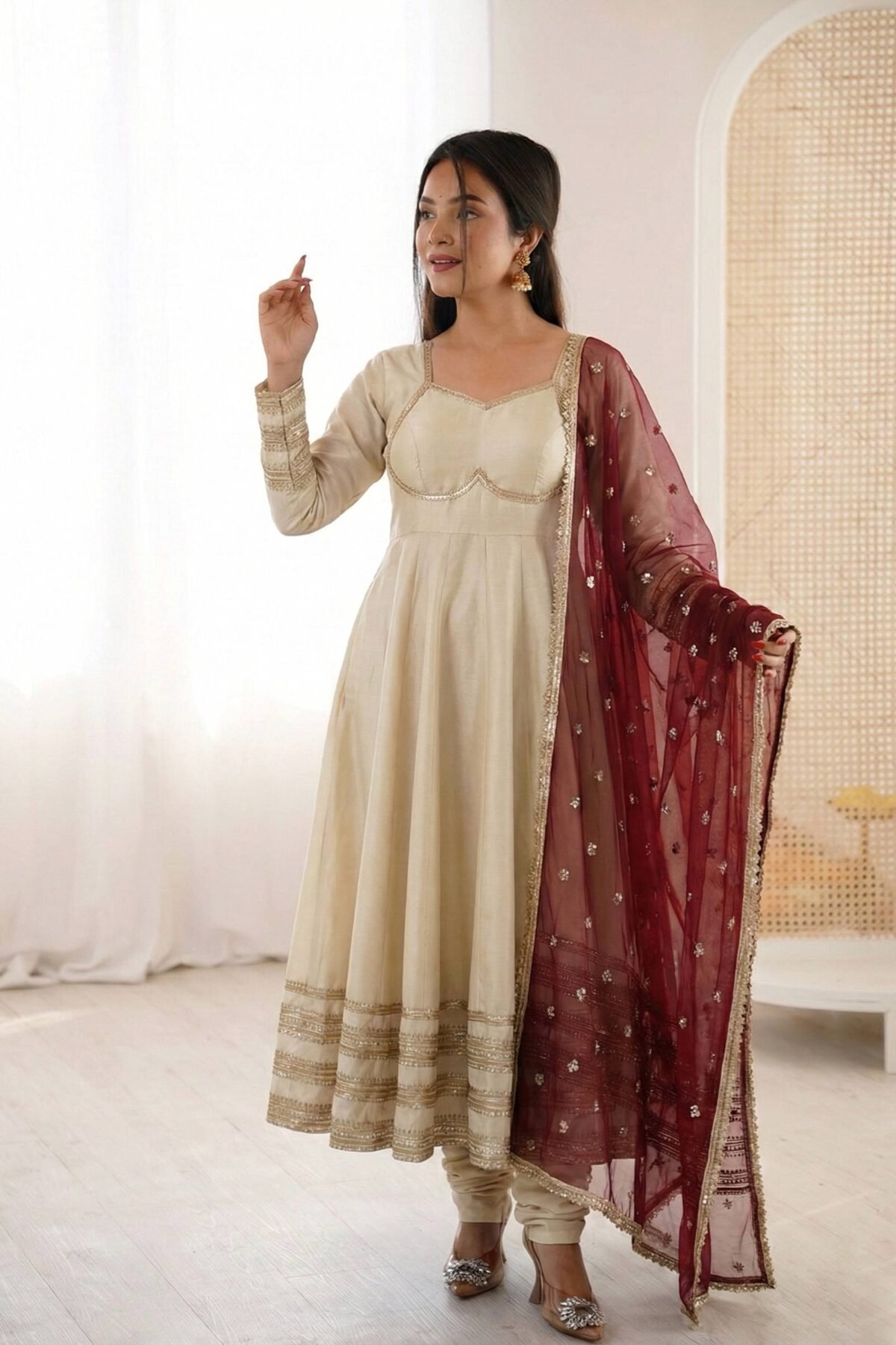 Beige & Maroon Cosmos Gold Anarkali Set with Heavy Lace Work