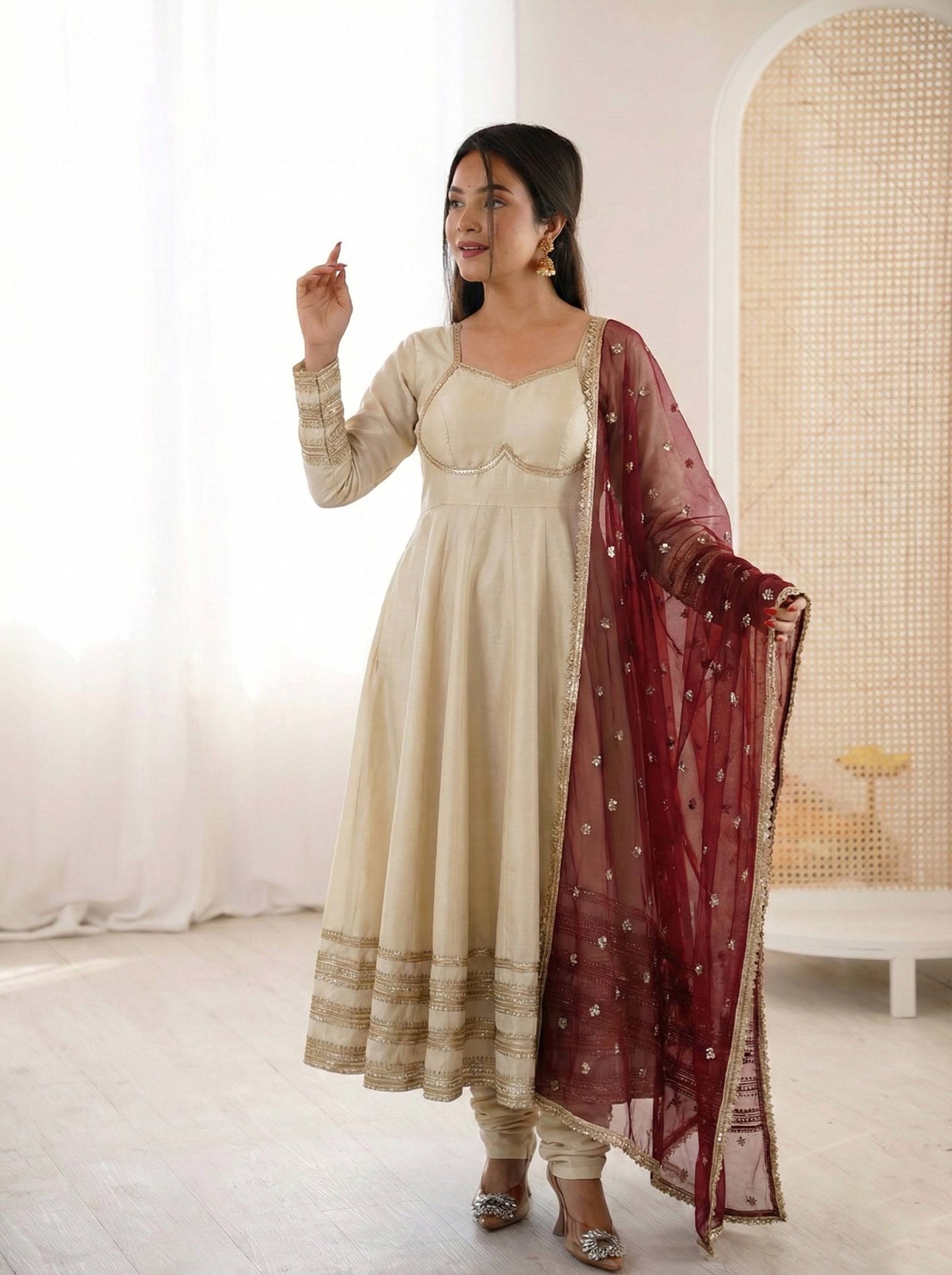 Beige & Maroon Cosmos Gold Anarkali Set with Heavy Lace Work