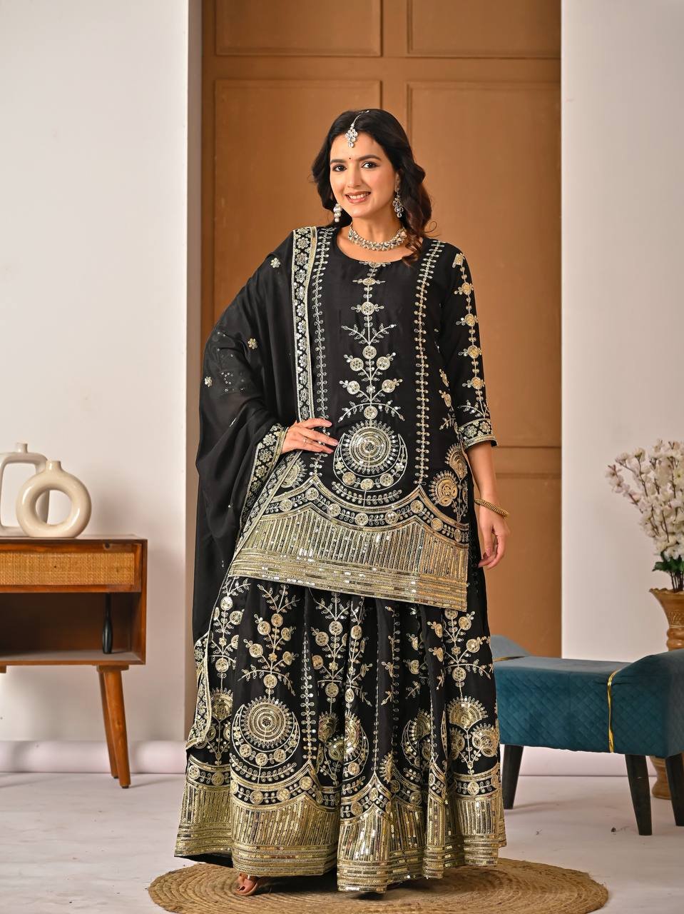 Black Vichitra Silk Sharara Palazzo Suit with 5mm Sequence Work