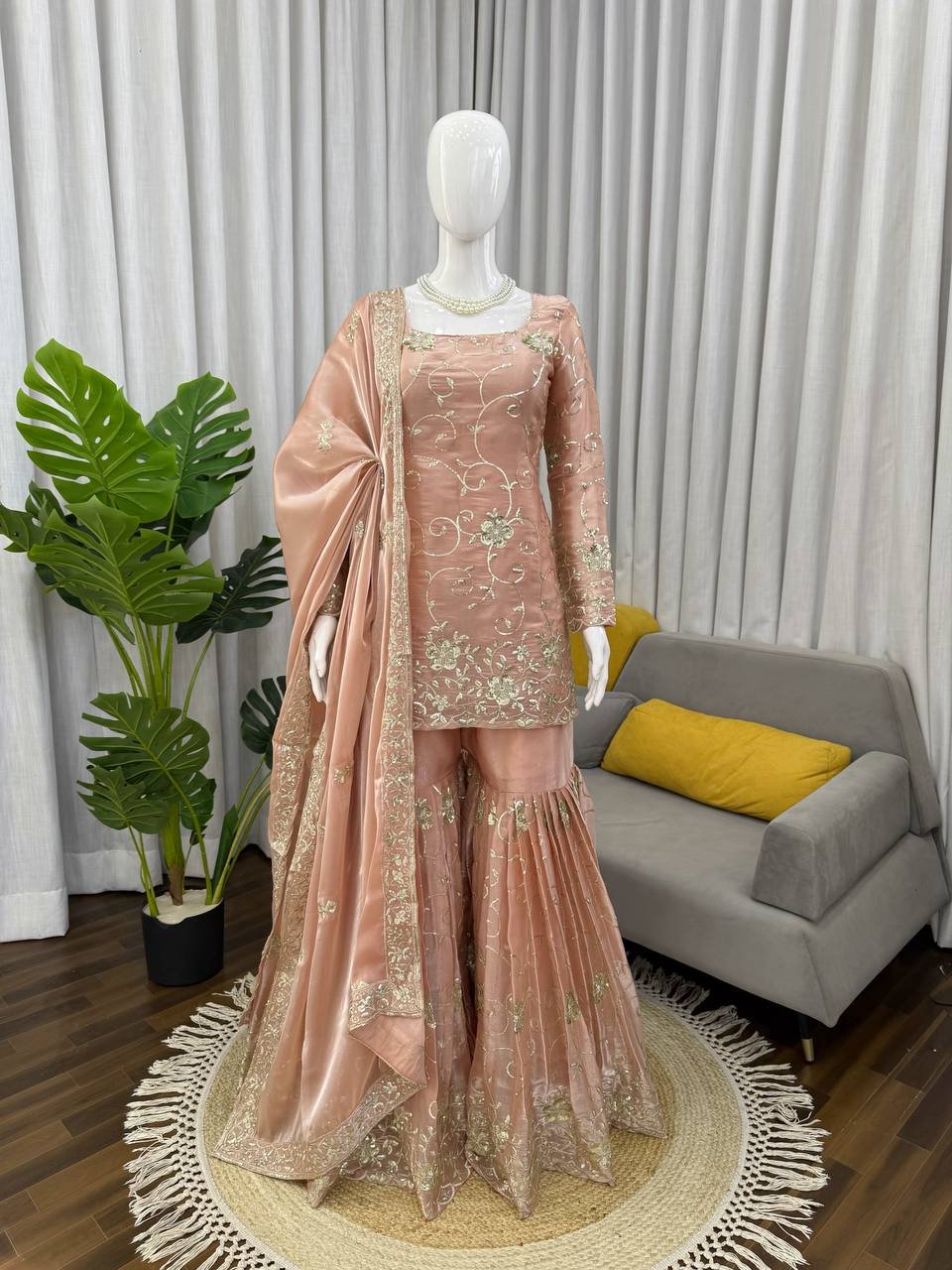 Peach JMC Silk Embroidered Sharara Suit Set with Dupatta