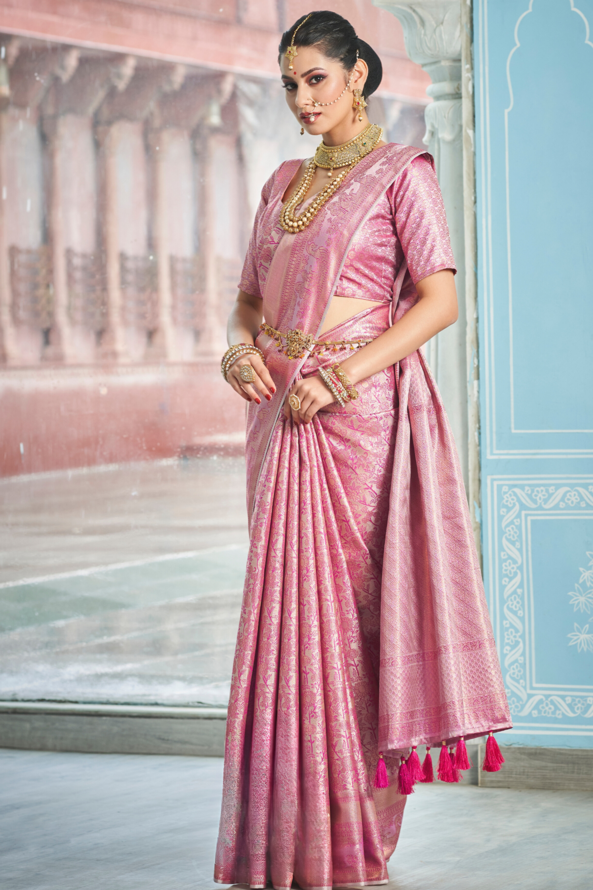 Taffy Pink Banarasi Silk Wedding Saree With Blouse Piece