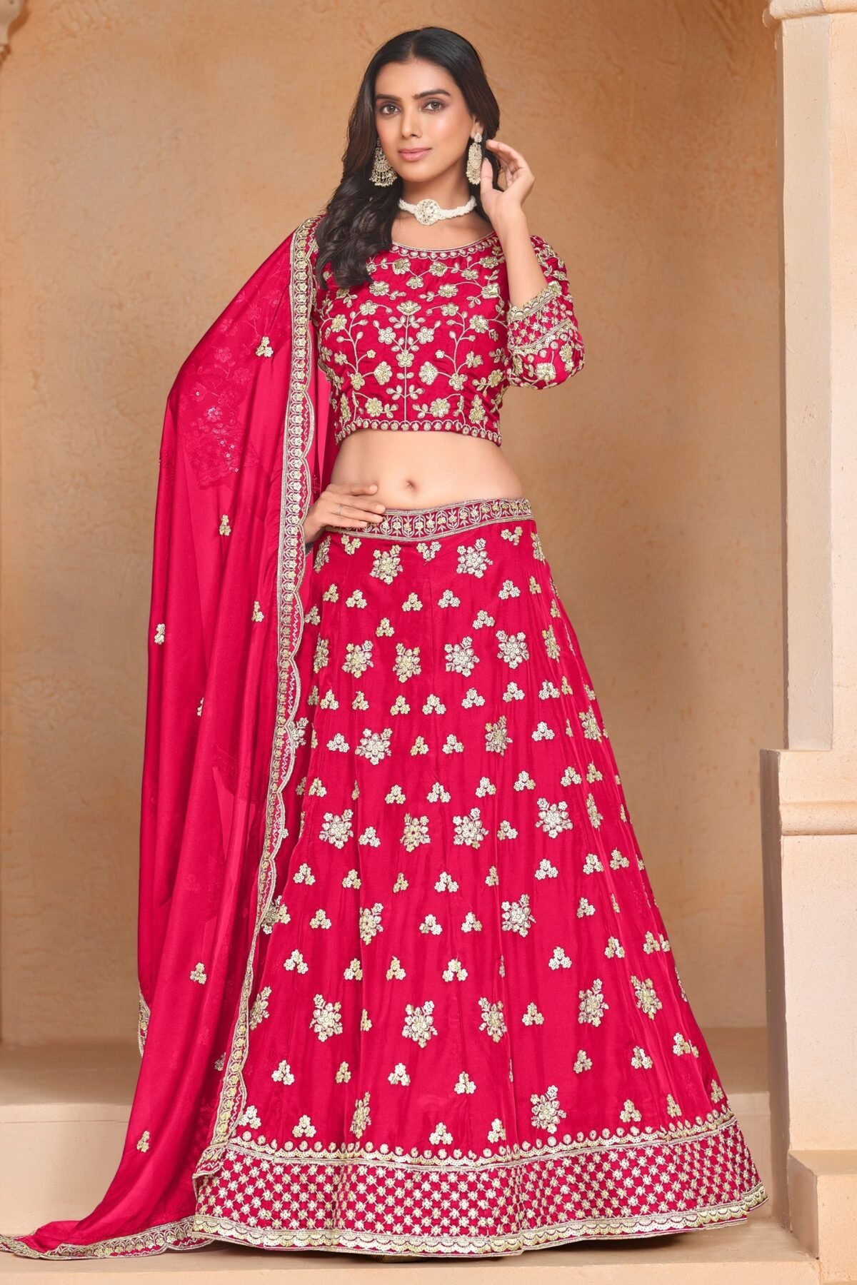 Ruby Pink Designer Party Lehenga Set With Sequin And Zari Work