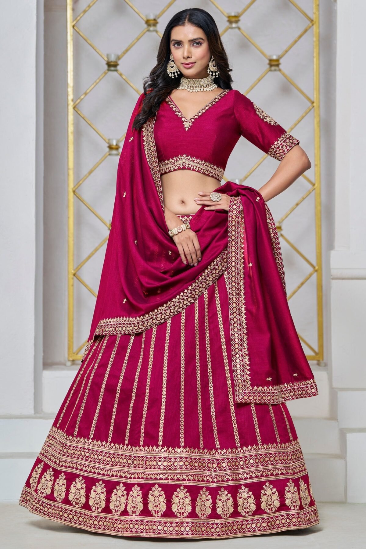 Ruby Pink Party Lehenga Set With Gold Thread Embroidery